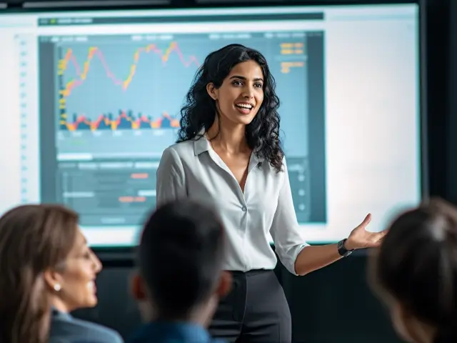 Smiling woman presenting data with confidence.