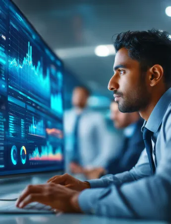 A male employee looking at charts near a computer screen