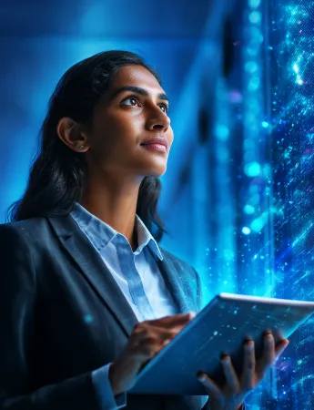 The image shows a woman in a data center.