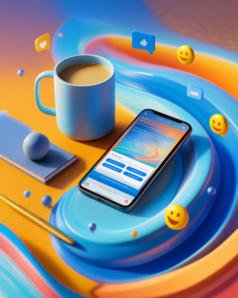 A mobile phone with a cup of tea with social media emojies surrounding