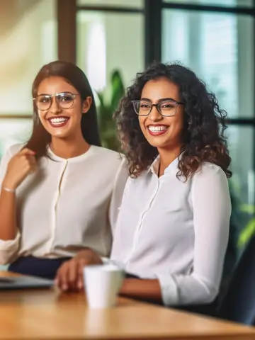Two female empoyees of H connect smiling and in office attair seating near a table
